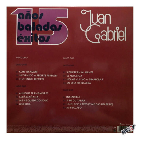Juan Gabriel 15 Años Baladas Éxitos Red/Rojo 2 Lp Vinyl