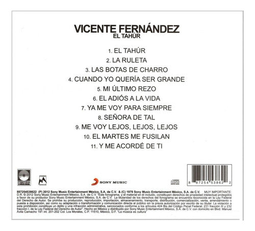 Vicente Fernandez El Tahur Disco Cd
