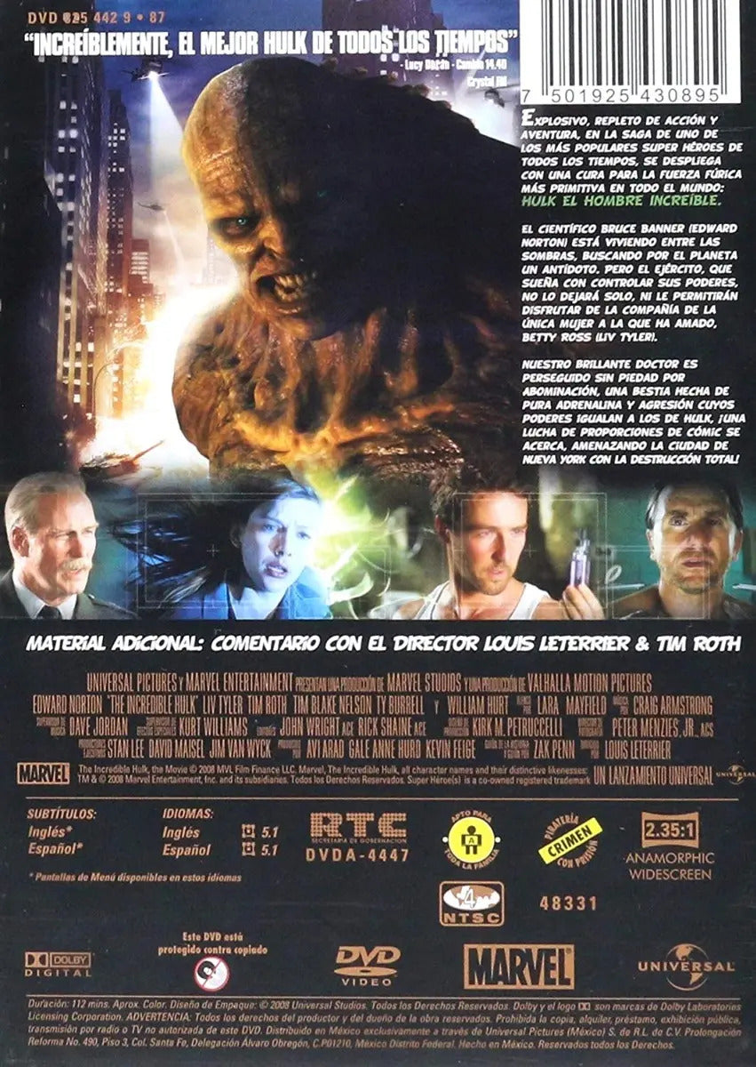 Hulk El Hombre Increible Edward Norton Pelicula Dvd