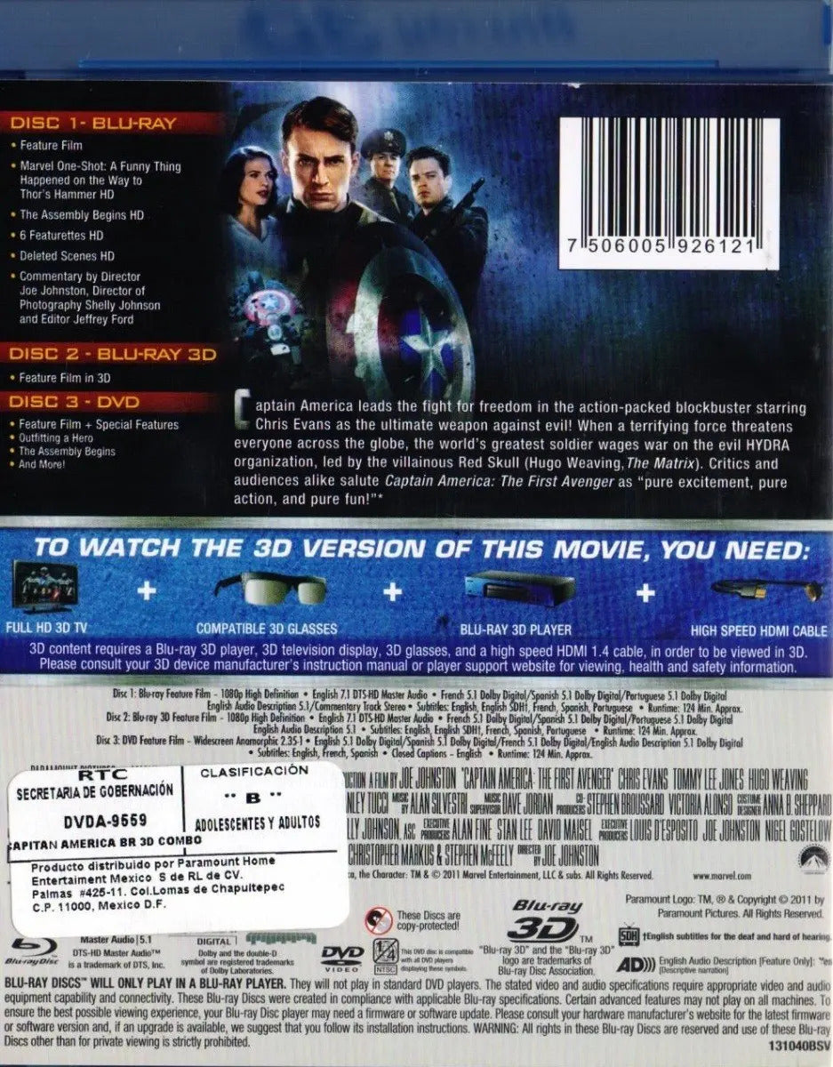 Capitan America Primer Vengador Marvel Blu-ray 3d + Bd + Dvd
