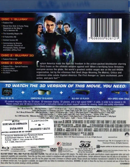 Capitan America Primer Vengador Marvel Blu-ray 3d + Bd + Dvd