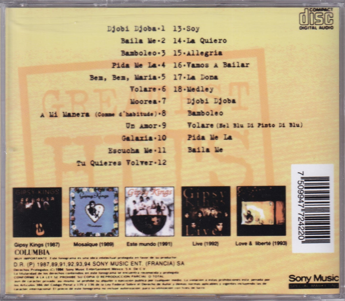 Gipsy Kings Greatest Hits Disco Cd